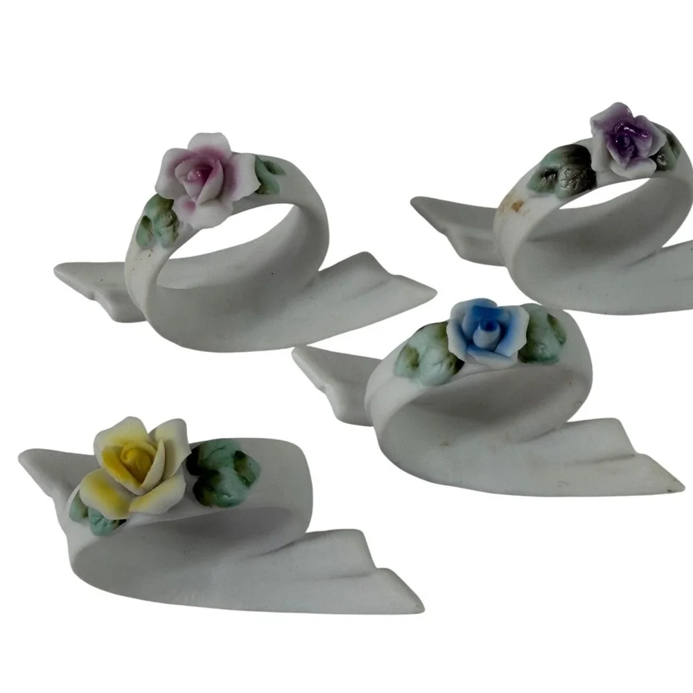 16 Vintage Porcelain Rose Napkin Rings Floral Ribbon Scroll‎ Set Made in Japan